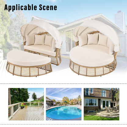 Beige Wicker Patio Round Daybed with Cushions