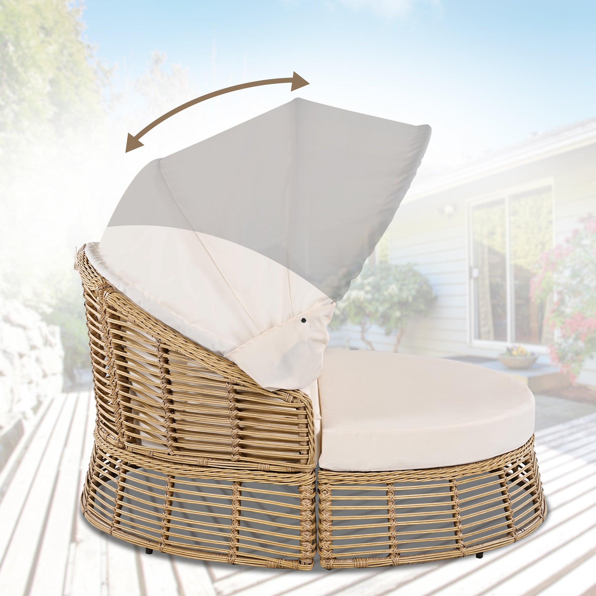 Beige Wicker Patio Round Daybed with Cushions