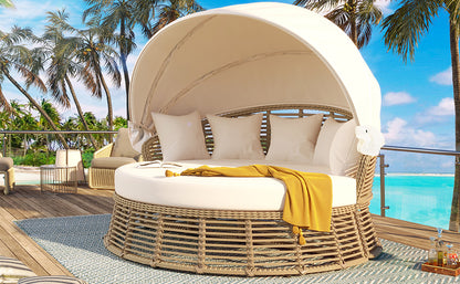 Beige Wicker Patio Round Daybed with Cushions