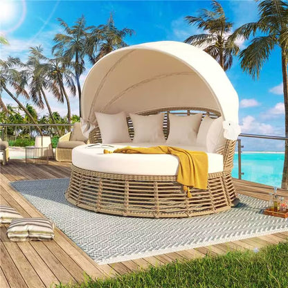 <Old SKU: N704G201243A> Outdoor Patio Rattan Round Daybed with Retractable Canopy, Wicker Furniture Round Poolside Sofa Sunbed with Removable Cushions, Backyard, Porch, Beige
