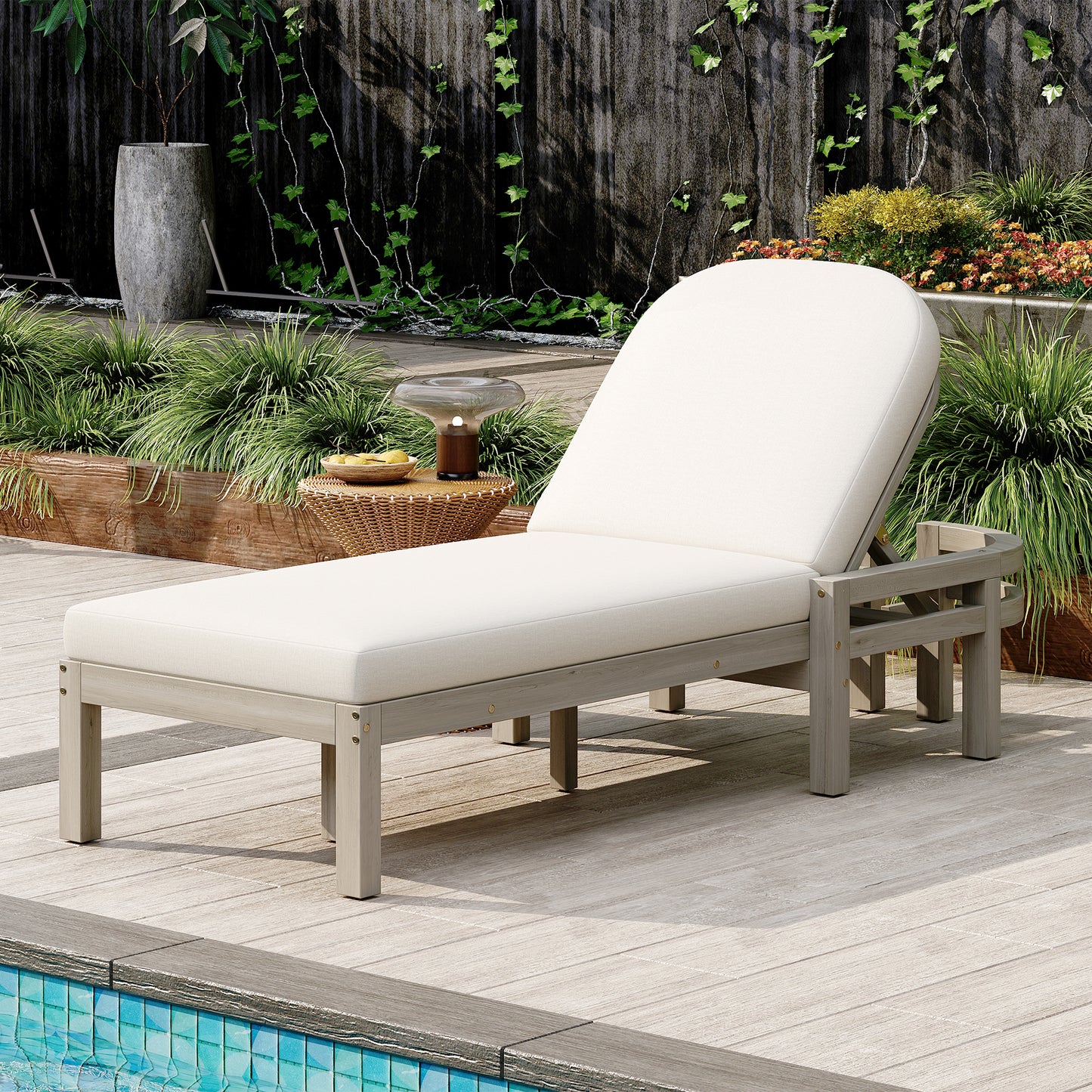 TREXM Outdoor Chaise Lounge, Premium Acacia Wood Patio Recliner with Arched Backrest, 5-Position Adjustable Backrest, Outdoor Lounge Chair for Poolside, Backyard, Deck & Lawn (Gray)