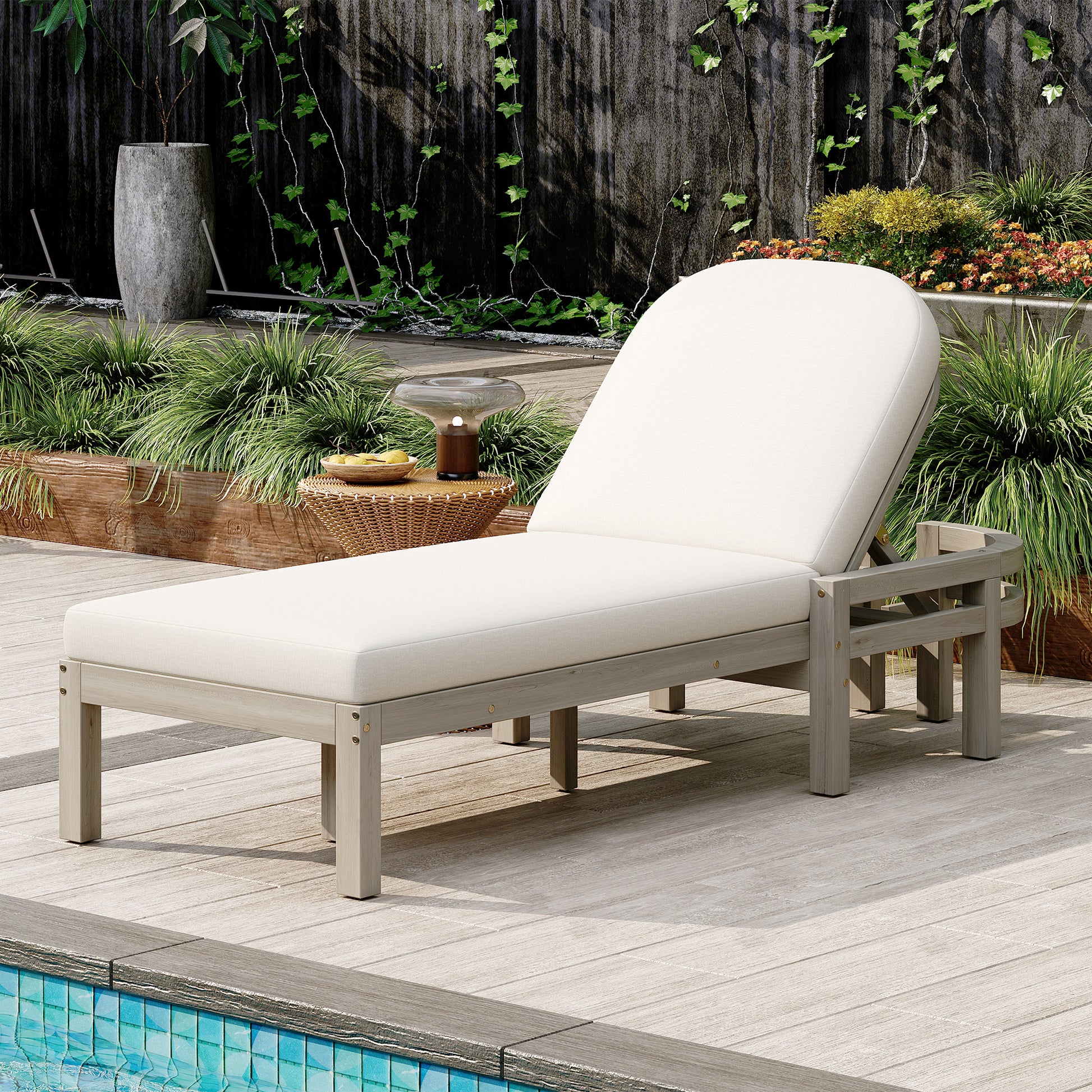TREXM Outdoor Chaise Lounge, Premium Acacia Wood Patio Recliner with Arched Backrest, 5-Position Adjustable Backrest, Outdoor Lounge Chair for Poolside, Backyard, Deck & Lawn (Gray)