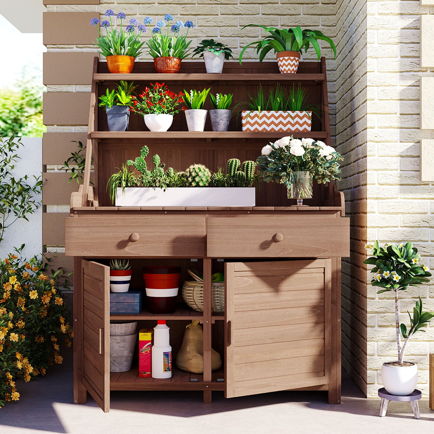 Rustic Wood Garden Potting Bench Table Outdoor Storage