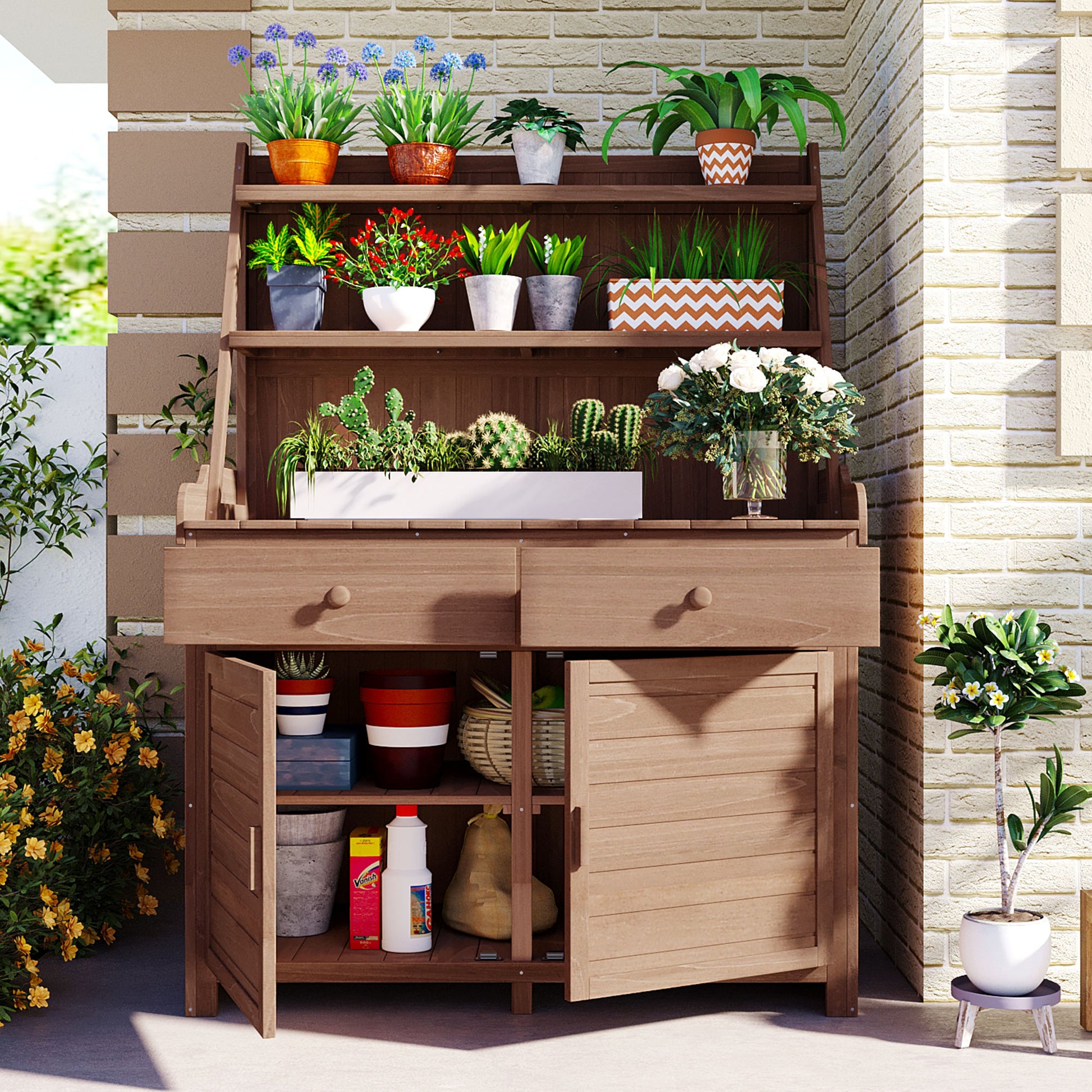 Rustic Wood Garden Potting Bench Table Outdoor Storage