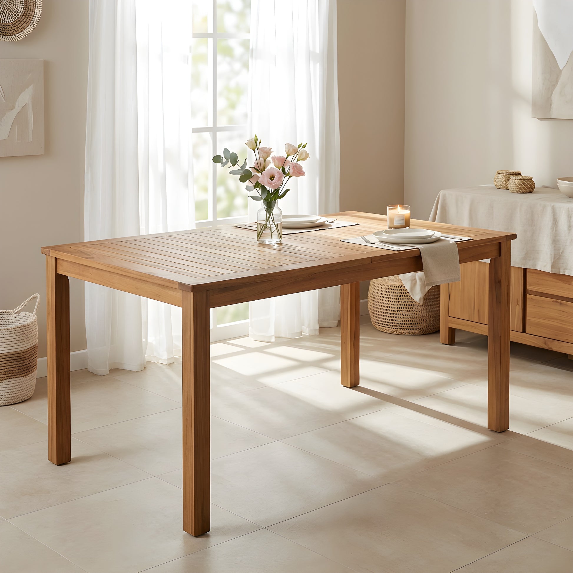 Natural Acacia Wood Garden Dining Table for Poolside or Patio
