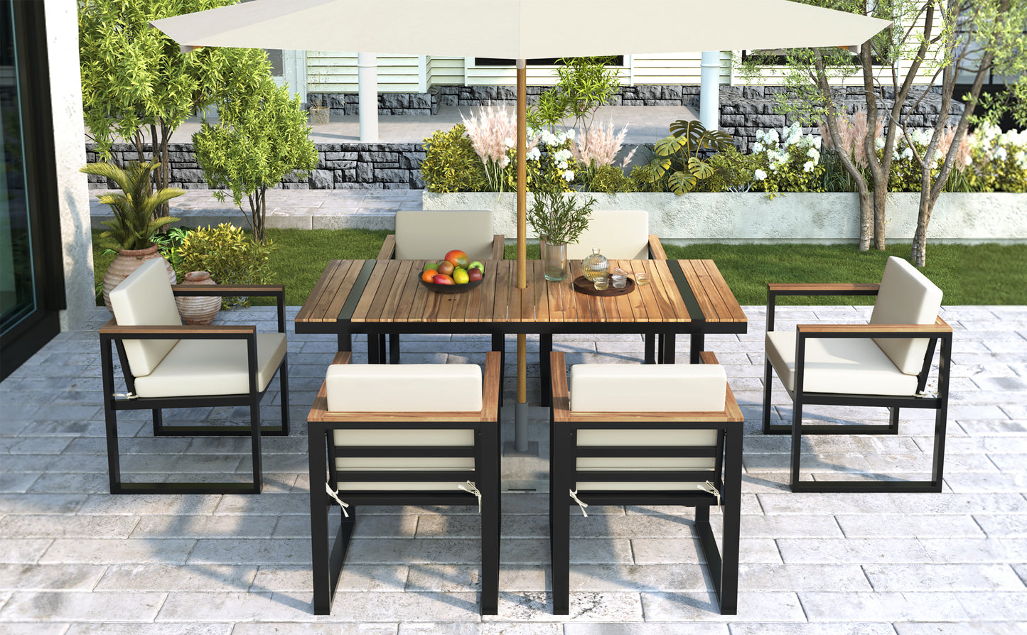 6 Piece Beige Acacia Wood Patio Dining Set