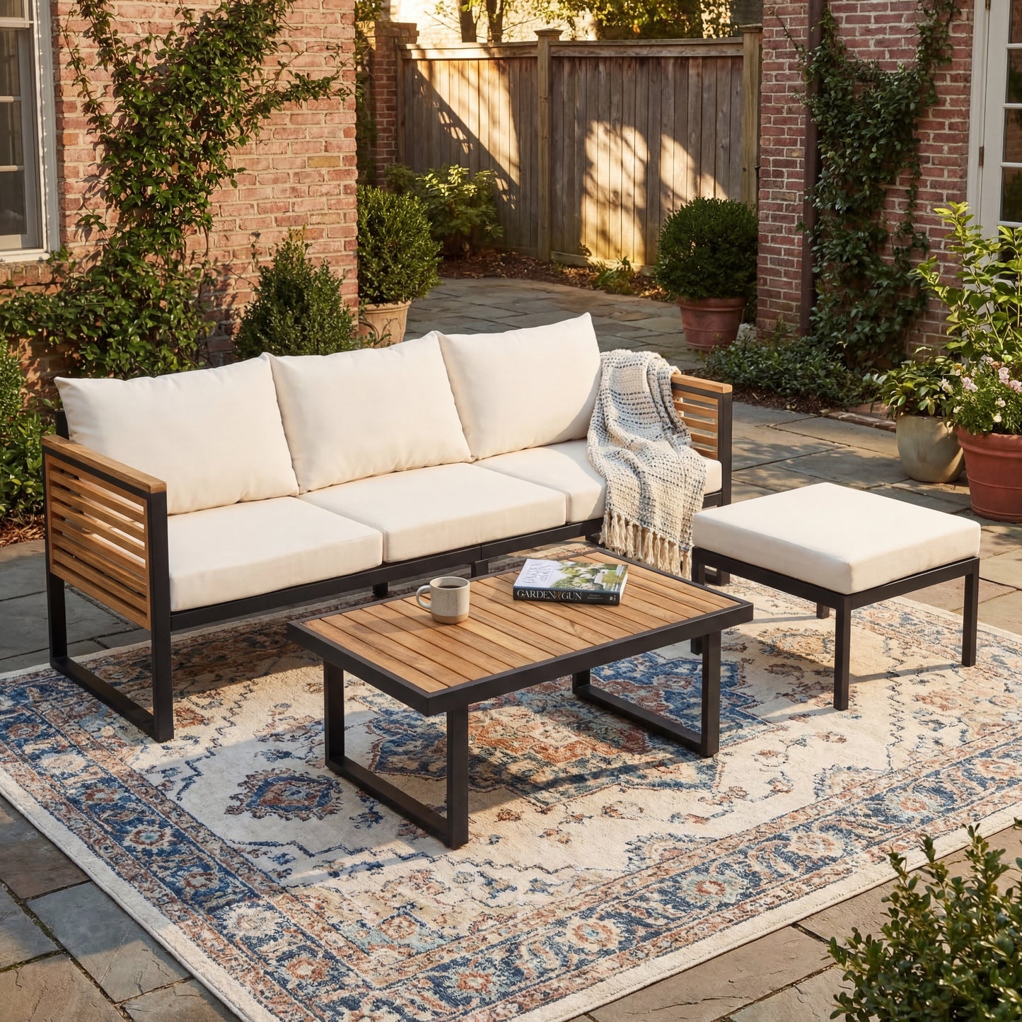 Teak & Black Acacia Wood Patio Sofa Set - 3 Piece Outdoor Furniture