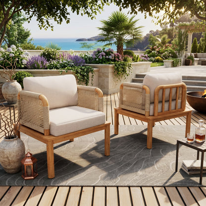 Outdoor Acacia Wood and Rope Club Chair with Cushions (Set of 2 / MP2)