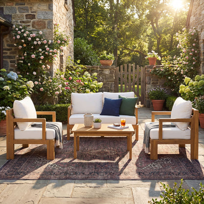 Outdoor 4-Seater Acacia Wood Patio Chat Set, Beige+Natural