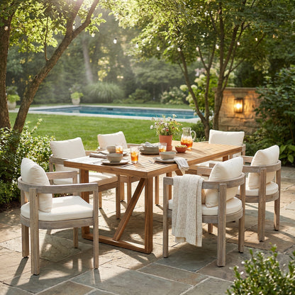 7 Pieces Acacia Wood Outdoor Dining Set with Cream Cushions,Modern 6 Chairs  1 Large Table,Dining Furniture Set for Lawn, Backyard, Garden Deck,Poolside,Teak+Light White