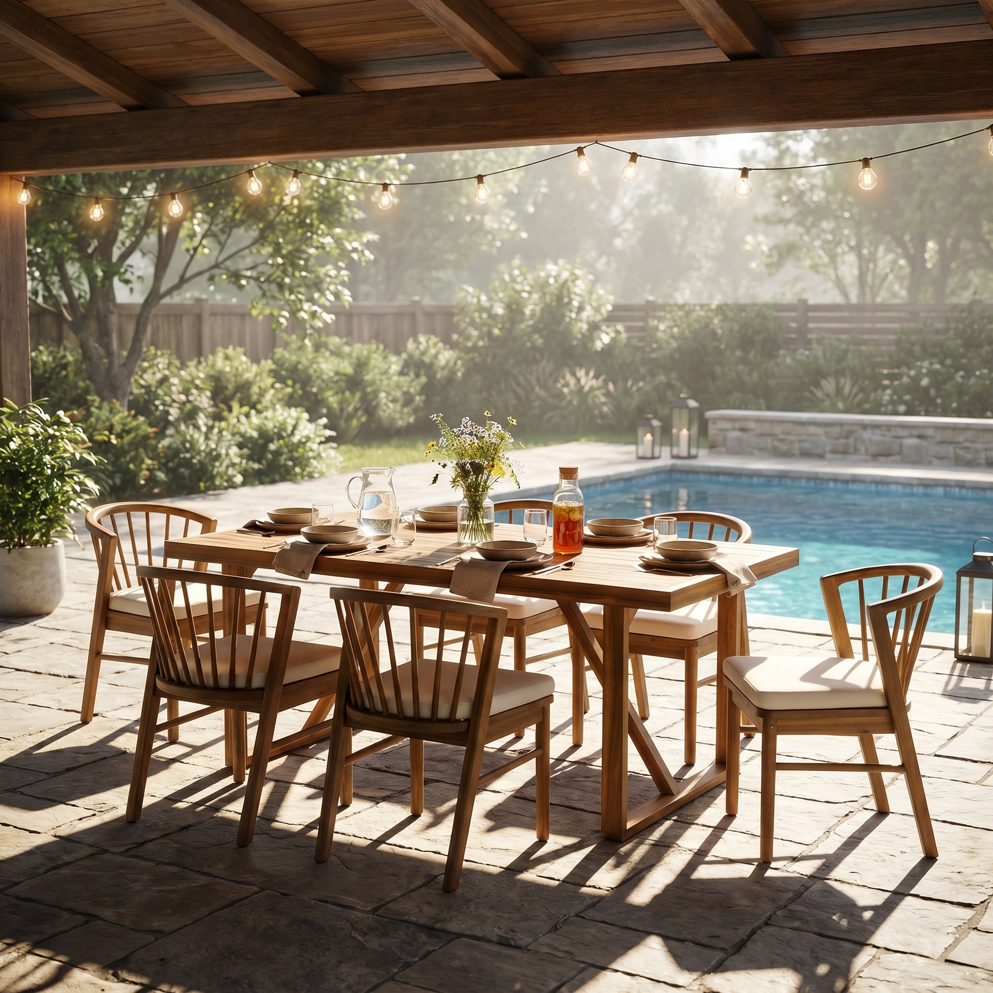 7 Pieces Acacia Wood Outdoor Dining Set with Cream Cushions,Modern 6 Chairs 1 Large Table,Dining Furniture Set for Lawn, Backyard, Garden Deck,Poolside,Teak