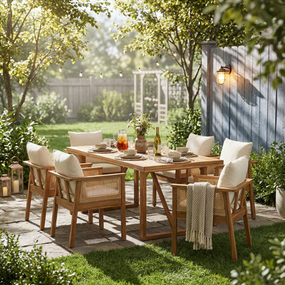 7 Pieces Acacia Wood Outdoor Dining Set with Cream Cushions and Natural Wicker,Modern 6 Chairs 1 Large Table,Dining Furniture Set for Lawn, Backyard, Garden Deck,Poolside,Teak