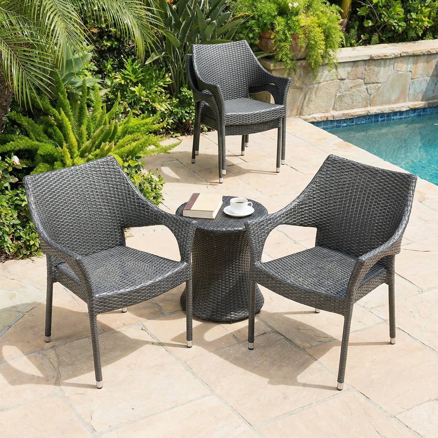Grey PE Wicker Patio Armchair Set - 4 Chairs