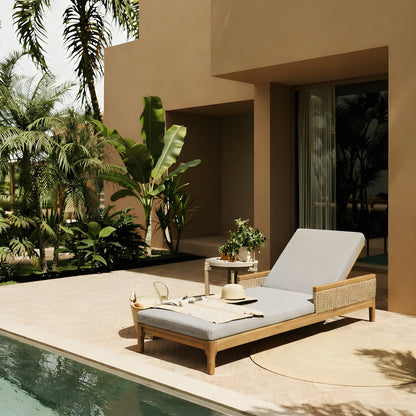 Solid Acacia Wood Sun Chaise Lounger with Grey Cushions and Light Grey Wicker, 76.8" Outdoor Patio Furniture for Garden, Deck, Poolside Relaxation,Natural +Light Grey Wicker
