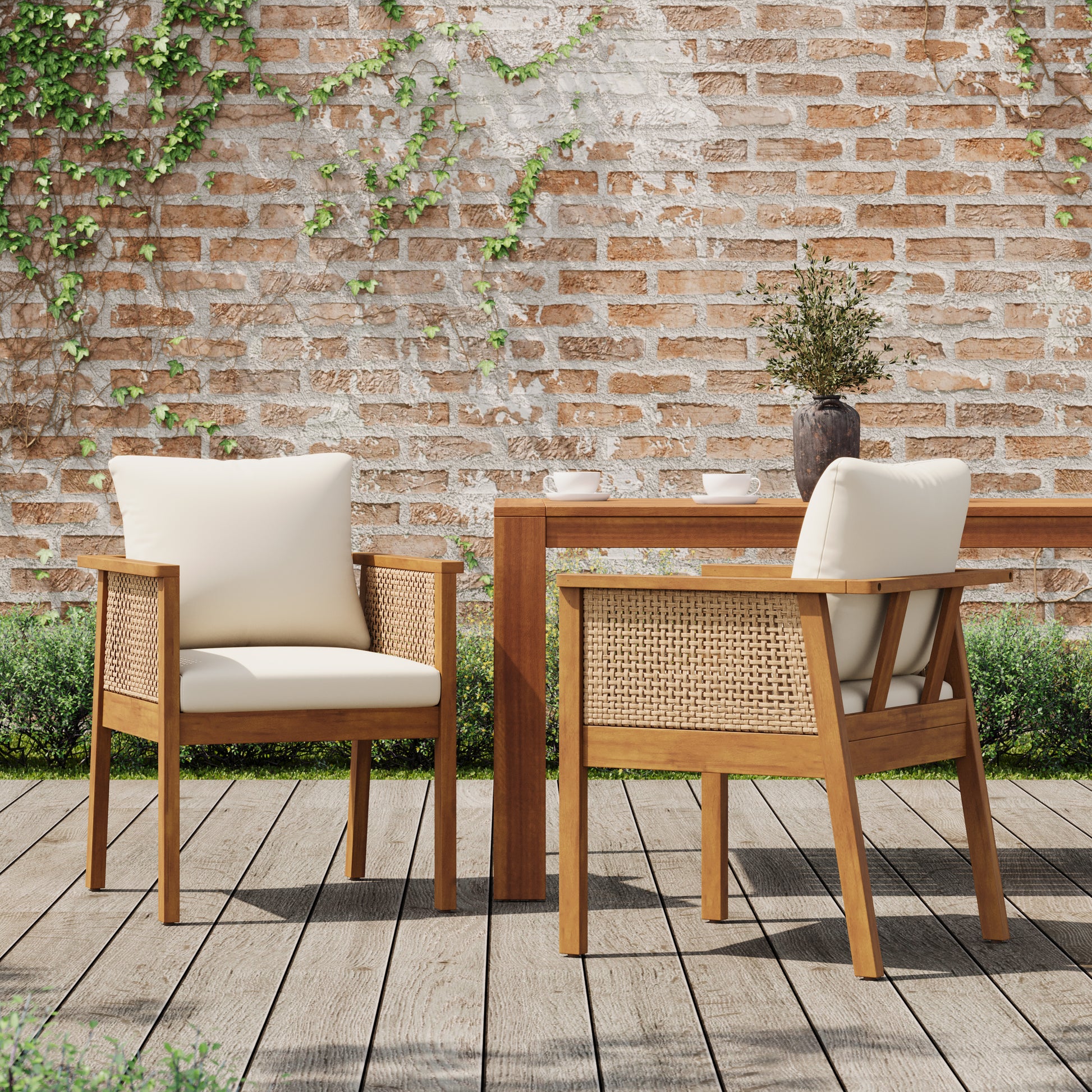 Teak Acacia Wood Outdoor Dining Chairs Set of 2, Comfortable Cushioned Armchairs