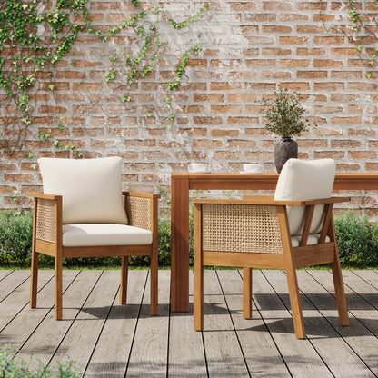 Teak Acacia Wood Outdoor Dining Chairs Set of 2, Comfortable Cushioned Armchairs