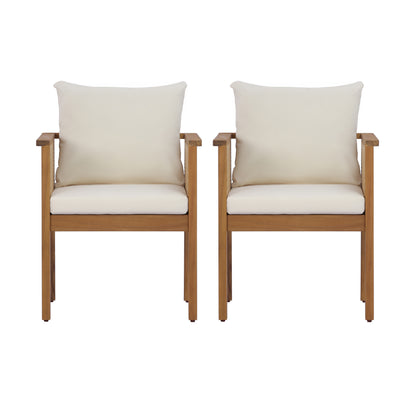 Teak Acacia Wood Outdoor Dining Chairs Set of 2, Comfortable Cushioned Armchairs