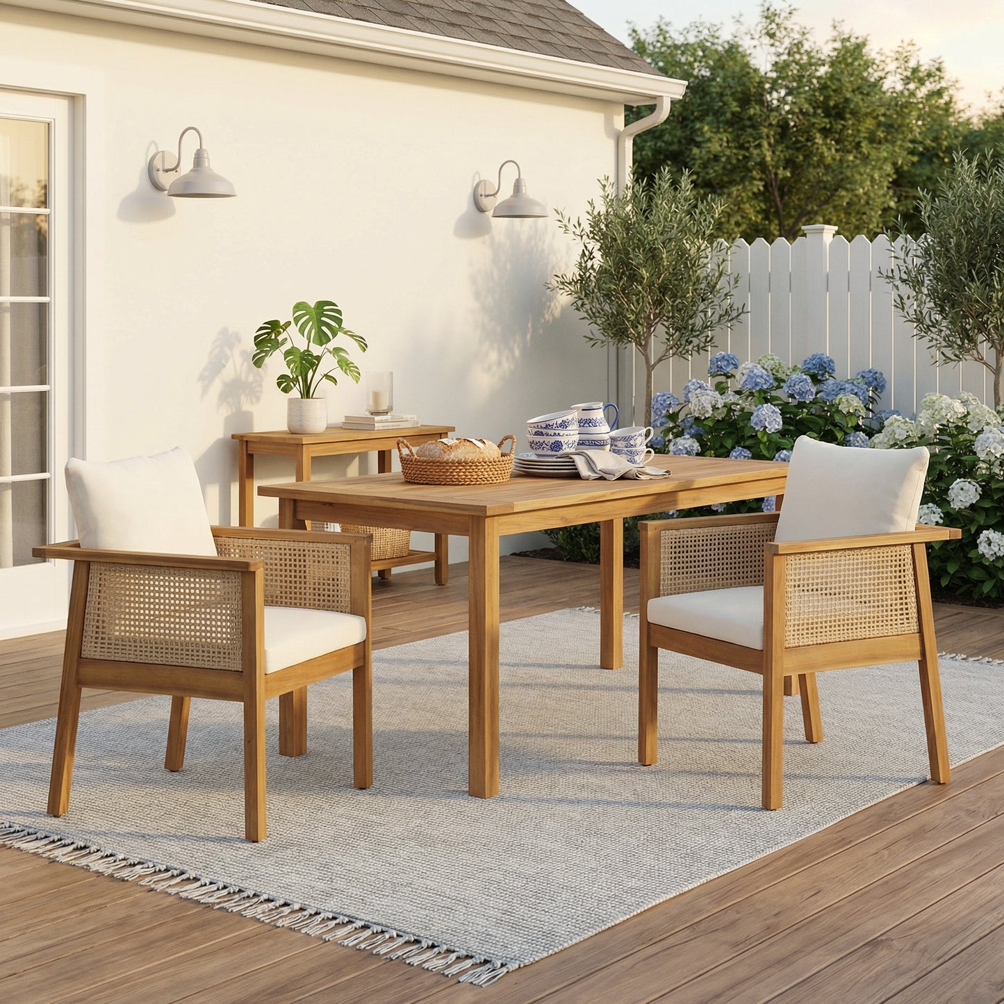 Outdoor Dining Chairs Set of 2, Acacia Wood Patio Armchair with Natural Wickers and Cream Washable Cushion,for Backyard, Poolside, Garden,Teak