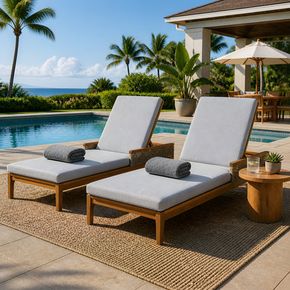 76.8" Solid Acacia Wood Sun Chaise Lounger Set of 2, Outdoor Patio Furniture with Grey Cushions and Light Grey Wicker for Garden, Deck, Poolside Relaxation,Natural +Light Grey Wicker