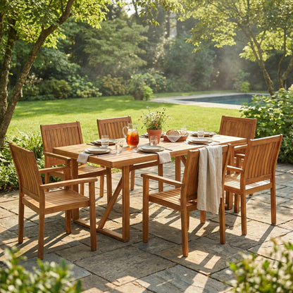 7 Pieces Acacia Wood Outdoor Dining Set s,Modern 6 Chairs  1 Large Table,Dining Furniture Set for Lawn, Backyard, Garden Deck,Poolside,Teak