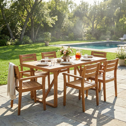 7 Pieces Acacia Wood Outdoor Dining Set s,Modern 6 Chairs  1 Large Table,Dining Furniture Set for Lawn, Backyard, Garden Deck,Poolside,Teak