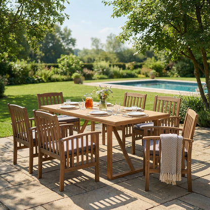 7 Pieces Acacia Wood Outdoor Dining Set s,Modern 6 Chairs  1 Large Table,Dining Furniture Set for Lawn, Backyard, Garden Deck,Poolside,Dark Grey