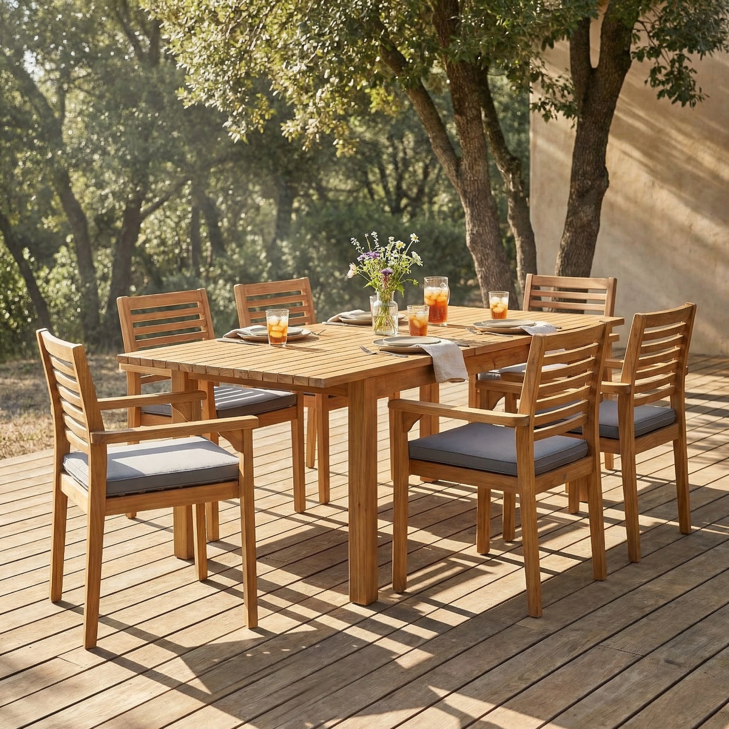 7 Pieces Acacia Wood Outdoor Dining Set s,Modern 6 Chairs  1 Large Table,Dining Furniture Set for Lawn, Backyard, Garden Deck,Poolside,Teak