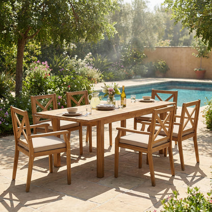 7 Pieces Acacia Wood Outdoor Dining Set with Cream Cushions,Modern 6 Chairs  1 Large Table,Dining Furniture Set for Lawn, Backyard, Garden Deck,Poolside,Teak