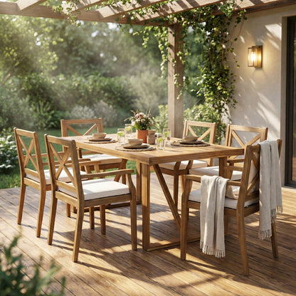 7 Pieces Acacia Wood Outdoor Dining Set with Cream Cushions,Modern 6 Chairs  1 Large Table,Dining Furniture Set for Lawn, Backyard, Garden Deck,Poolside,Teak