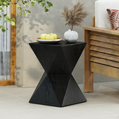 14.25" Black Prismatic Symmetry Concrete Side Table with Smooth Wood Grain Texture and Modern Prismatic Shape – Weather-Resistant Accent for Patio, Garden, or Balcony