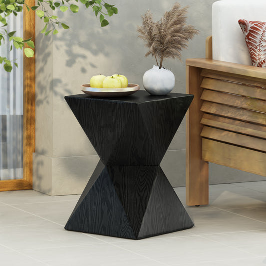 14.25" Black Prismatic Symmetry Concrete Side Table with Smooth Wood Grain Texture and Modern Prismatic Shape – Weather-Resistant Accent for Patio, Garden, or Balcony