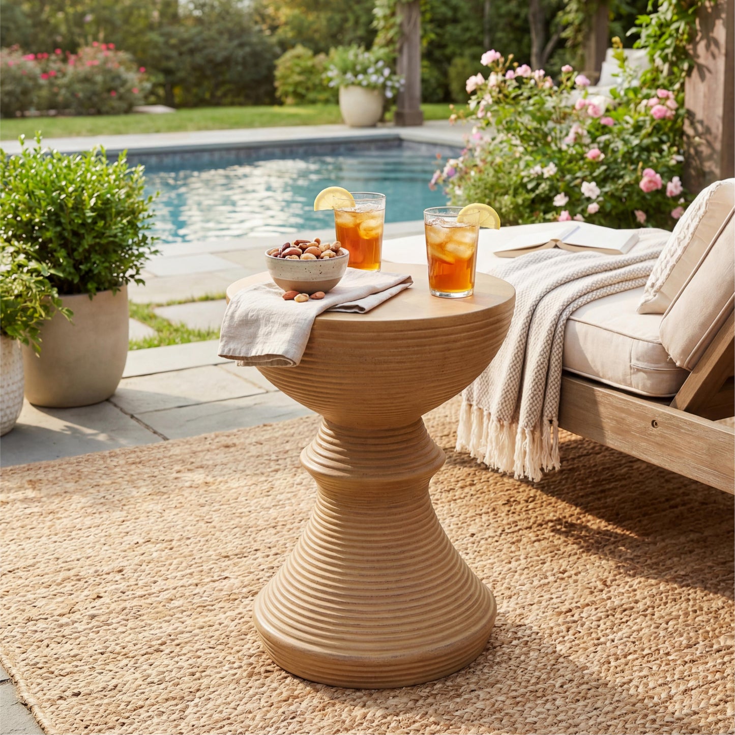 16" Ribbed Natural Concrete Outdoor Side Table with Hourglass Design – Weather-Resistant Accent for Patio, Garden, or Balcony