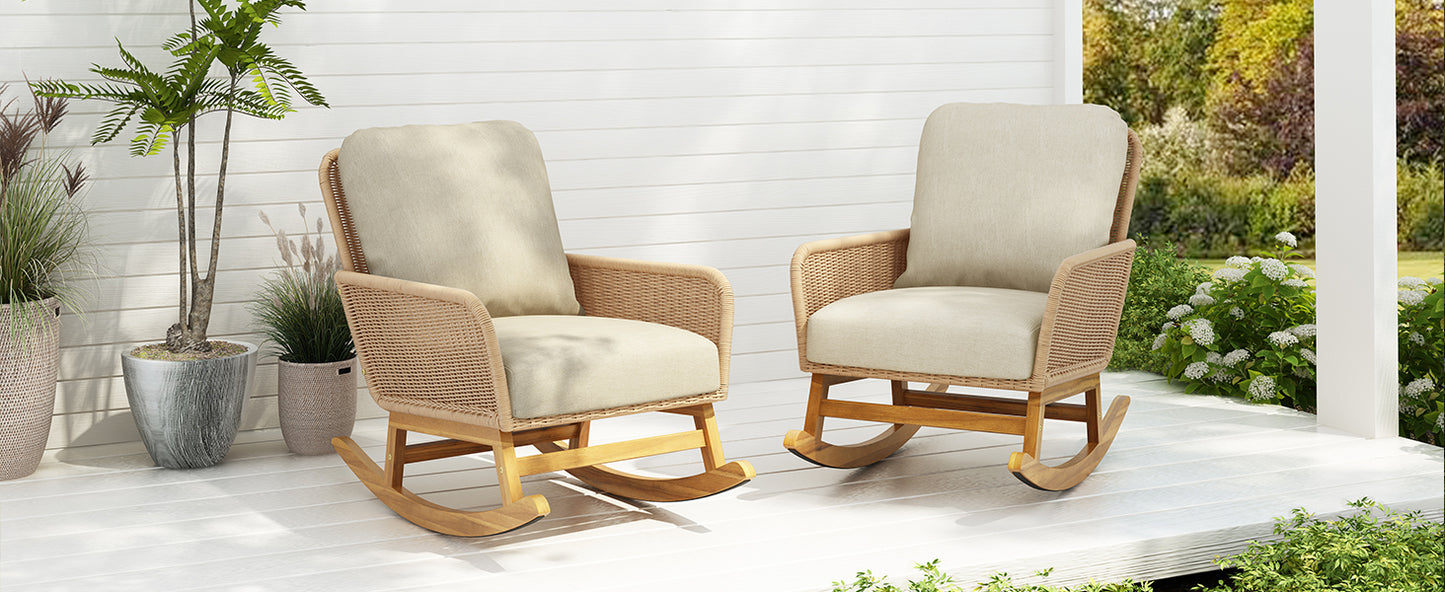 Beige Wicker Rocking Chair Set - 2 Chairs Patio Outdoor