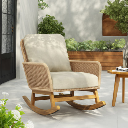 Beige Wicker Rocking Chair - Patio Outdoor Furniture
