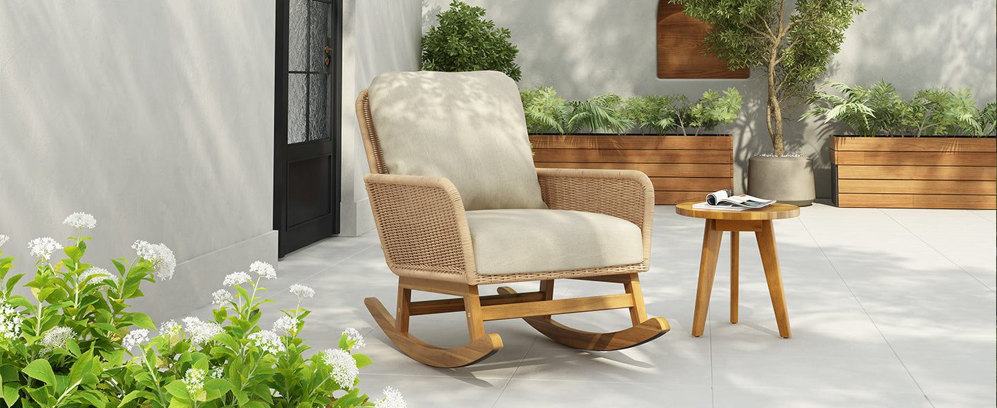 Beige Wicker Rocking Chair - Patio Outdoor Furniture