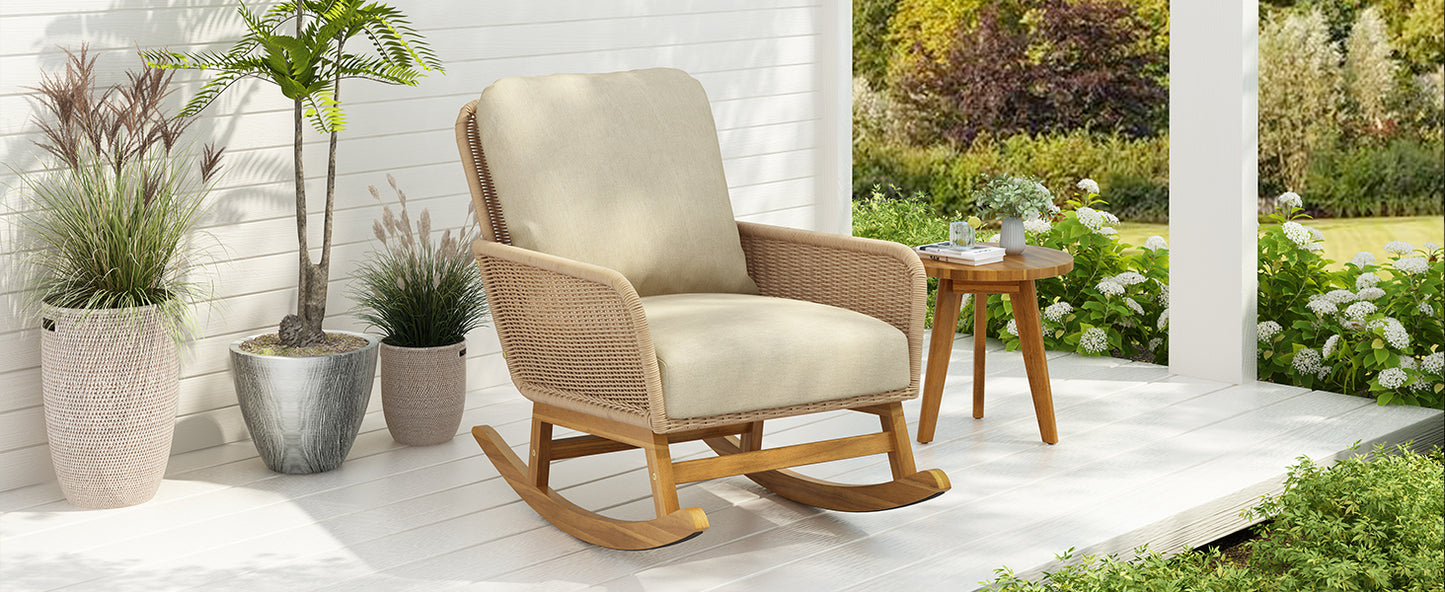 Beige Wicker Rocking Chair - Patio Outdoor Furniture