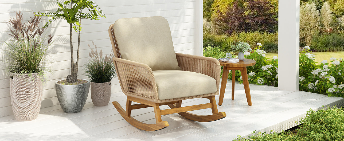Beige Wicker Rocking Chair - Patio Outdoor Furniture