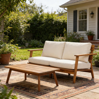 2-Piece Mid-Century Modern Patio Set, Acacia Wood Loveseat & Slatted Coffee Table with Weather-Resistant Cushions