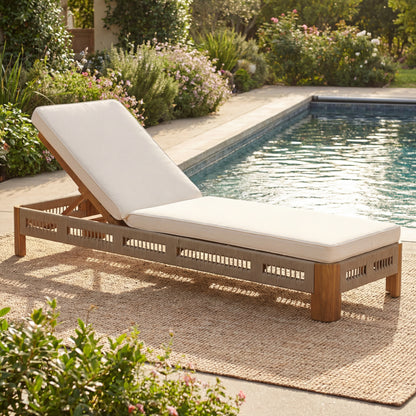 Acacia Wood Outdoor Chaise Lounge + Cushion with Adjustable Backrest, Handwoven Rope Accents, Weather-Resistant Patio Recliner for Poolside, Backyard & Deck, Natural Wood Finish