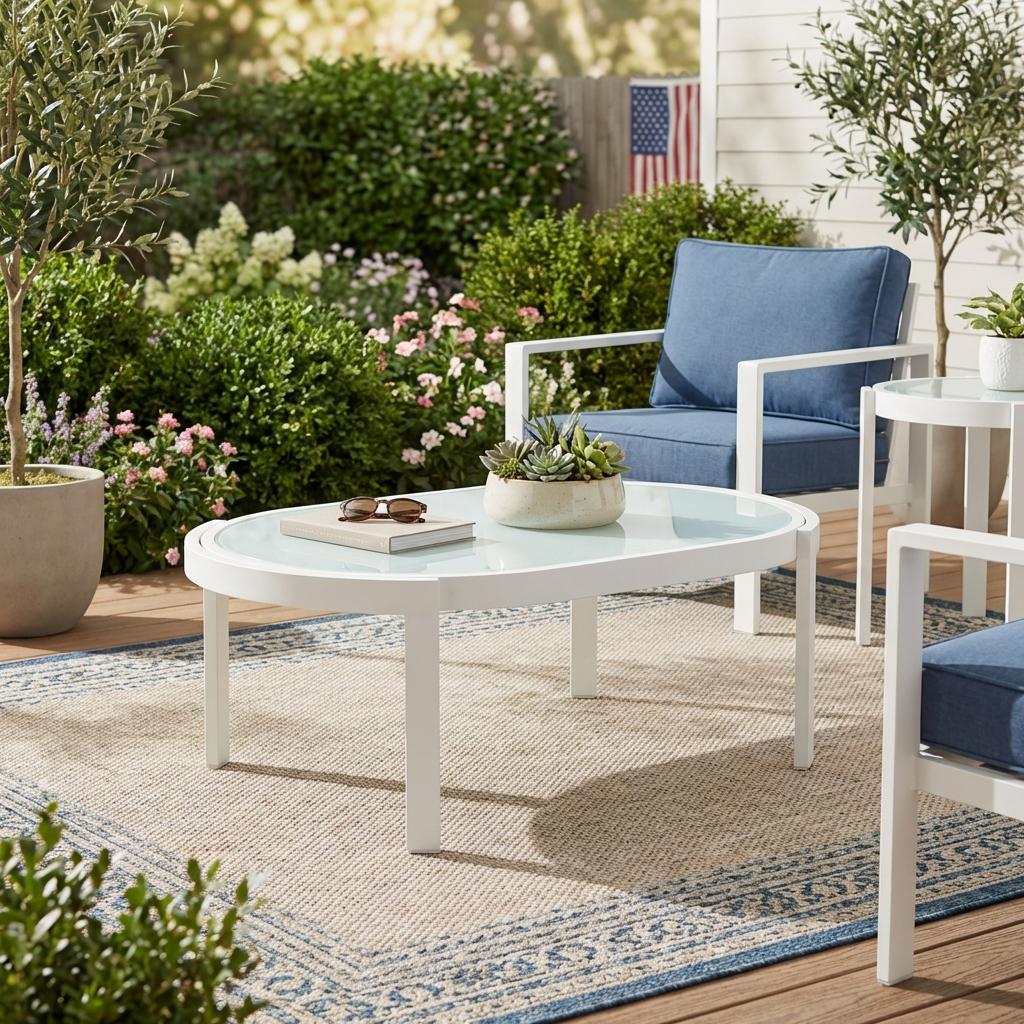 Modern Outdoor Oval Coffee Table with Tempered Glass Top, White Aluminum Frame, Weather-Resistant Patio Table for Backyard, Deck & Poolside