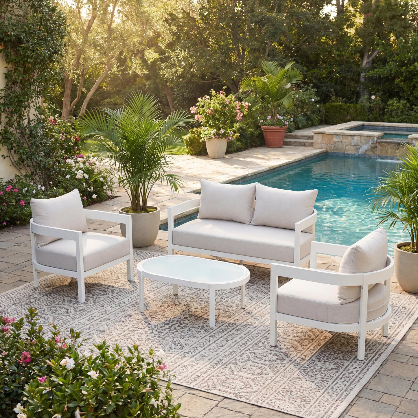 4-Piece Modern Curved Outdoor Aluminum Conversation Set, Beige & White