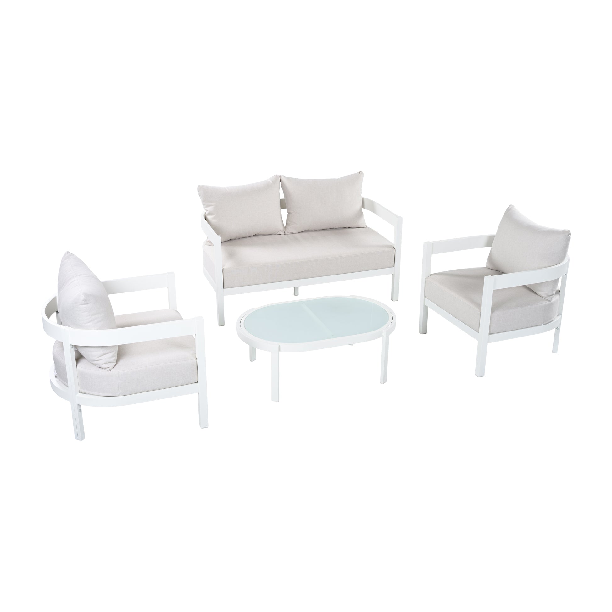 4-Piece Modern Curved Outdoor Aluminum Conversation Set, Beige & White