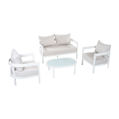 4-Piece Modern Curved Outdoor Aluminum Conversation Set, Beige & White