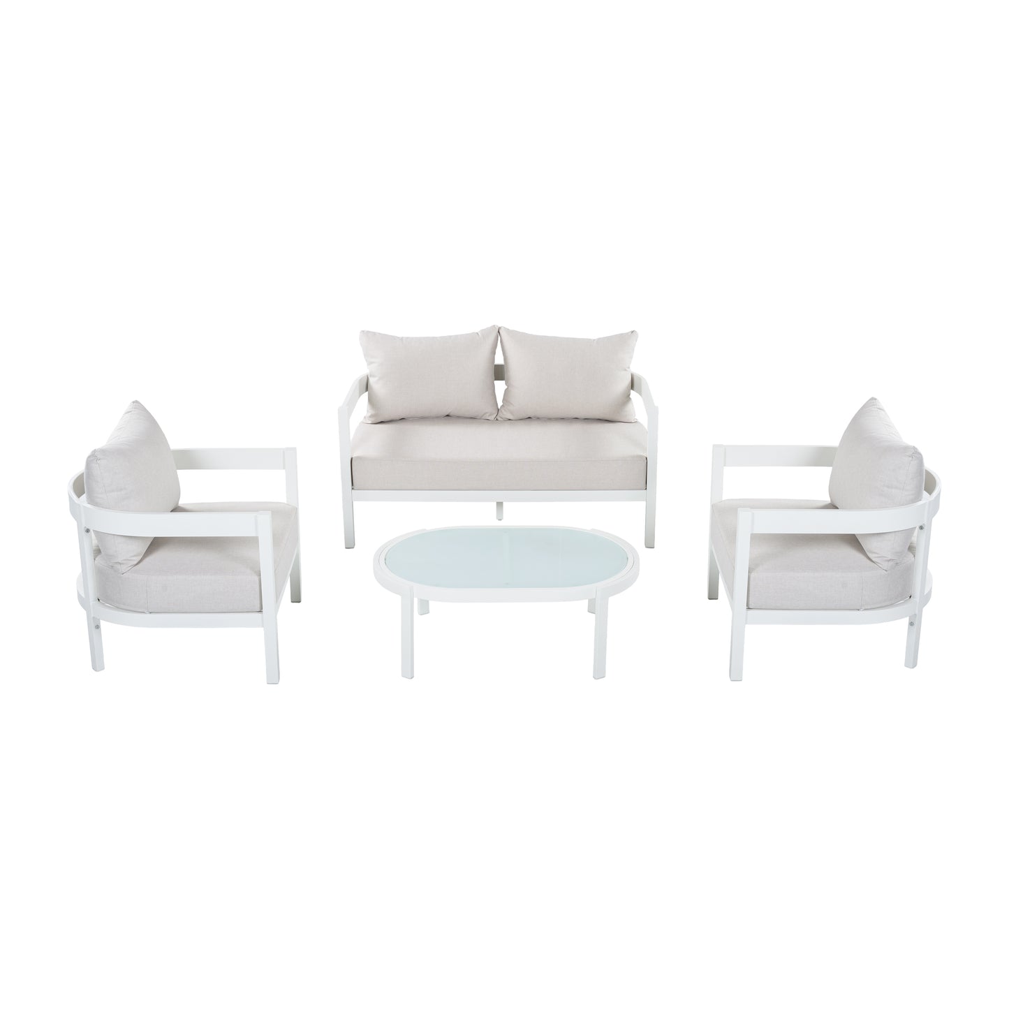 4-Piece Modern Curved Outdoor Aluminum Conversation Set, Beige & White