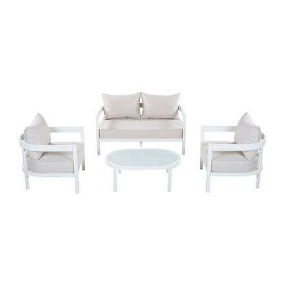 4-Piece Modern Curved Outdoor Aluminum Conversation Set, Beige & White