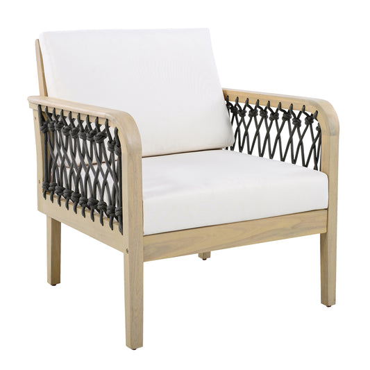 Outdoor Acacia Wood Club Chair with Handwoven Rope, Light Teak Finish