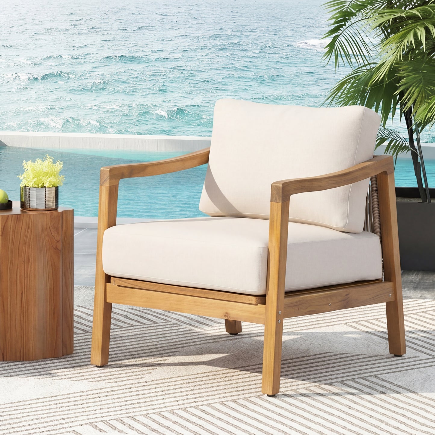 Outdoor Club Chair , Acacia Wood Frame with Rope Back Detail, Water-Repellent Beige Cushions for Patio/Backyard/Deck