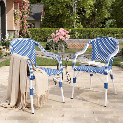 Outdoor Bistro Chairs, Patio Dining Chairs with Aluminum Frame, Weather Resistant PP Rattan Armchairs for Porch, Garden, Backyard, Cafe (Set of 2), White+Blue