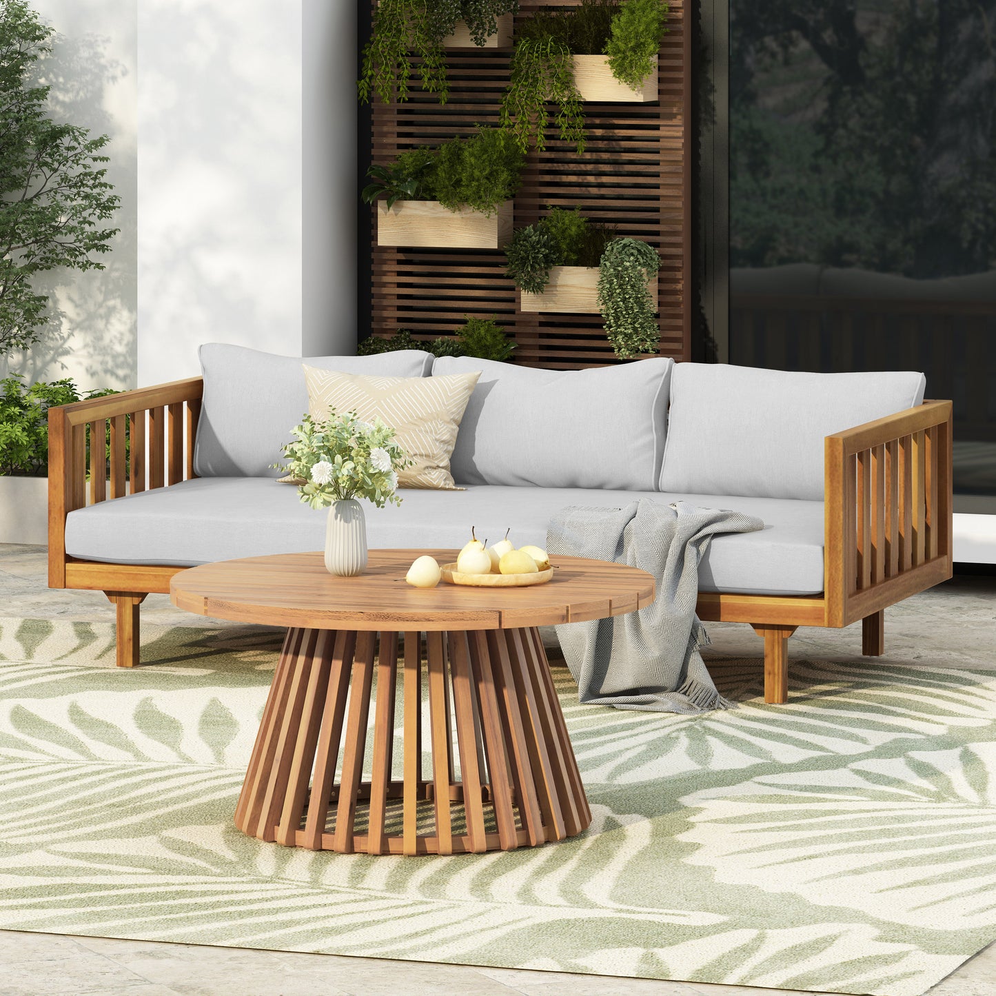 Teak Acacia Wood Patio Daybed & Coffee Table Set - 3 Seater Outdoor Furniture
