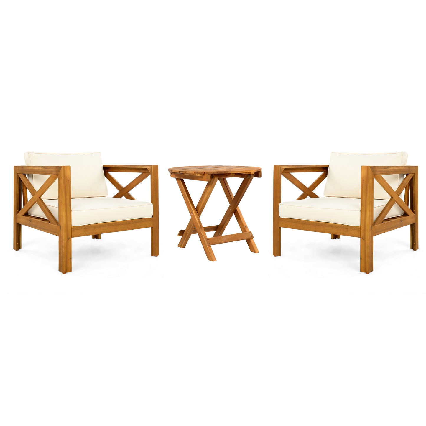 Beige Teak Patio Conversation Set - 2 Armchairs & Foldable Table